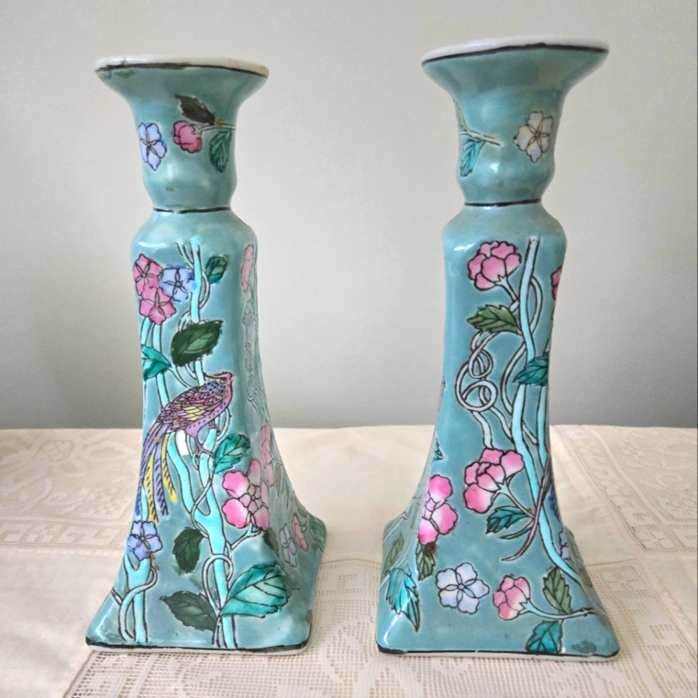 Chinoiserie Candle Stick Vintage Porcelain Floral Birds